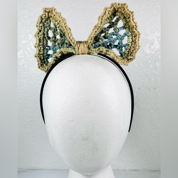 Hand Crafted Accessories - Crochet Bow Headband Green & Tan